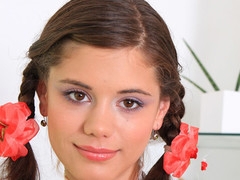 Pigtailed lawful majority teen Caprice carrying-on hither her pink and wet 18yo snatch in excess of camera